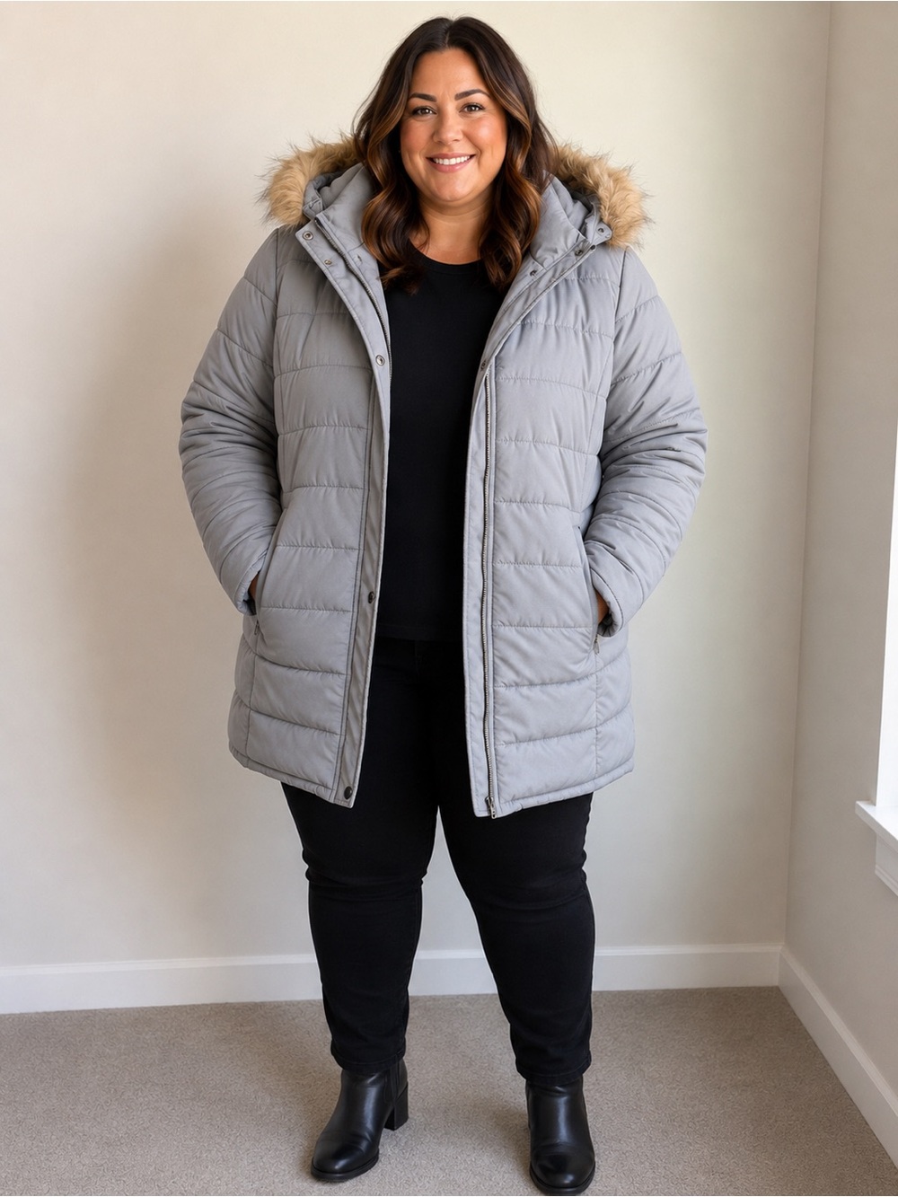 Swiss Tech Light Gray Hooded Puffer Coat with Faux-Fur Trim Size XL (16-18)